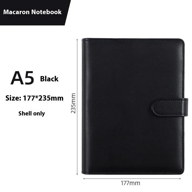 A5 PU leather zipper notebook shell in a solid colour, shown closed, with dimensions 235mm by 177mm.