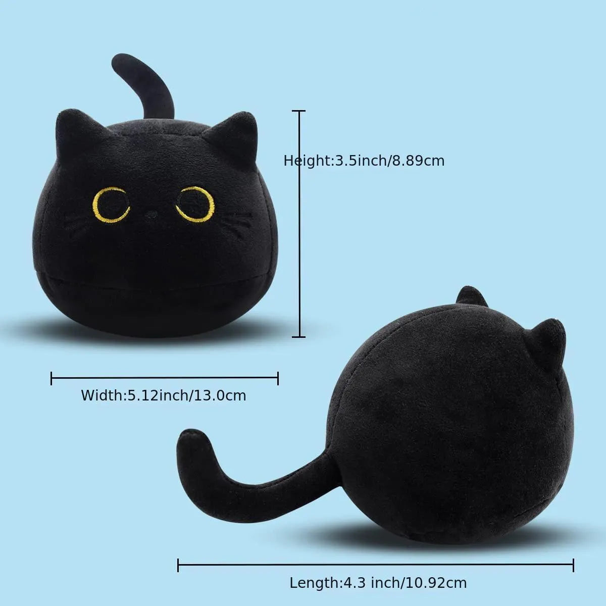 Black cat plush stuffed animal toy measuring 4 inches across