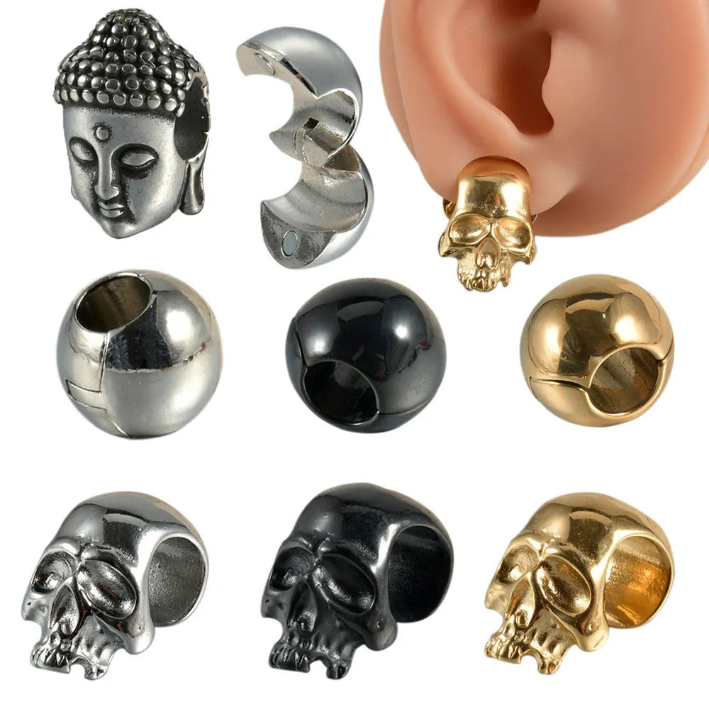 Stainless steel hollow skull Buddha earrings with electroplated finish in gold, black, steel or Buddha head colours