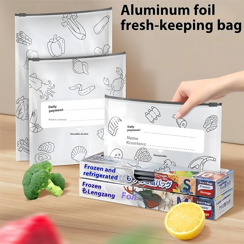 Pack of aluminium foil sealed food storage bags in small, medium, and large sizes.