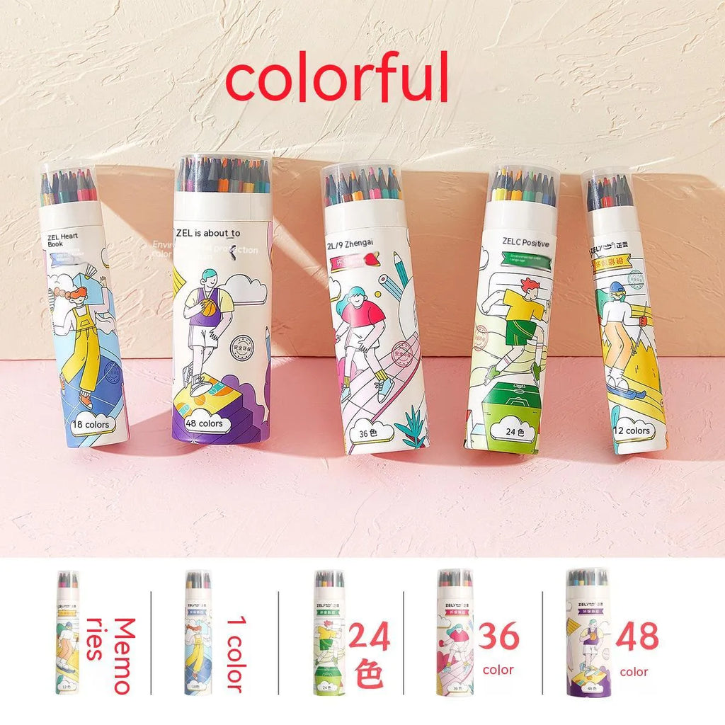 Zhenglin Sports colouring pencils in sets of 12, 24, and 36 colours with paper barrels.