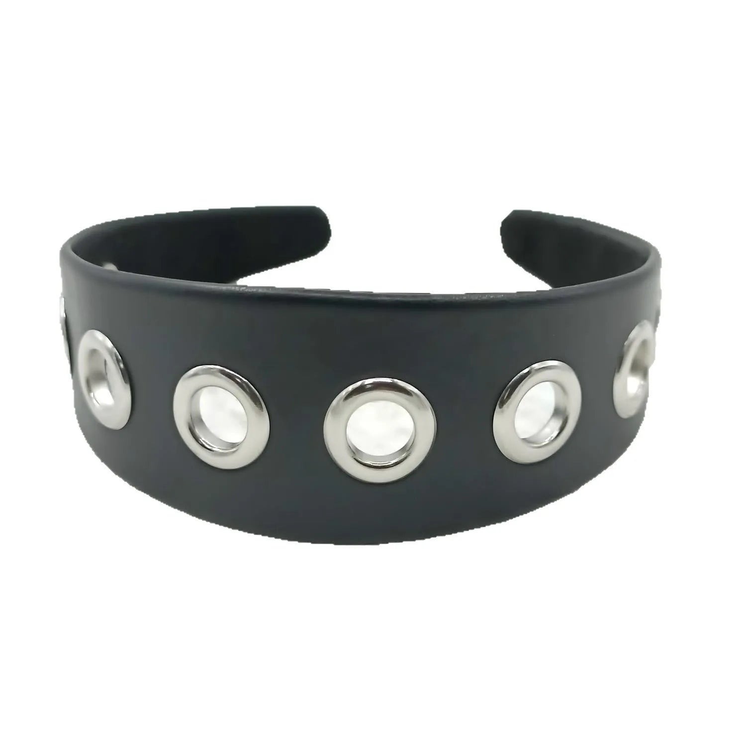 Wide black faux leather headband with round, square, and dotted rivets on a white background