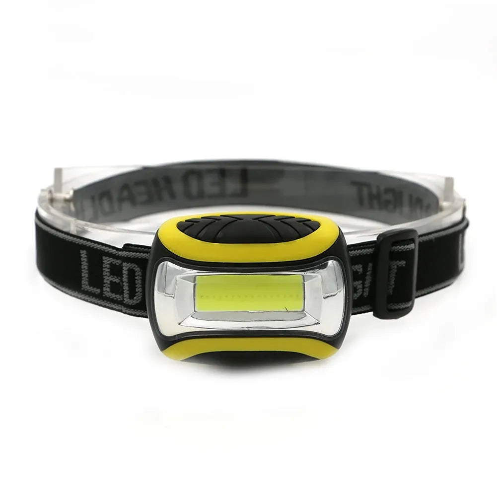 Yellow three-speed COB LED headlamp with adjustable head strap on a black background.