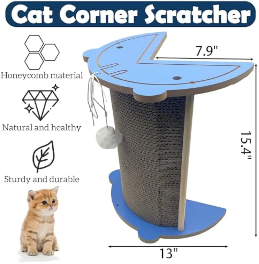 Corner-shaped cardboard cat scratching pad with a hanging ball attached, placed in a room corner.
