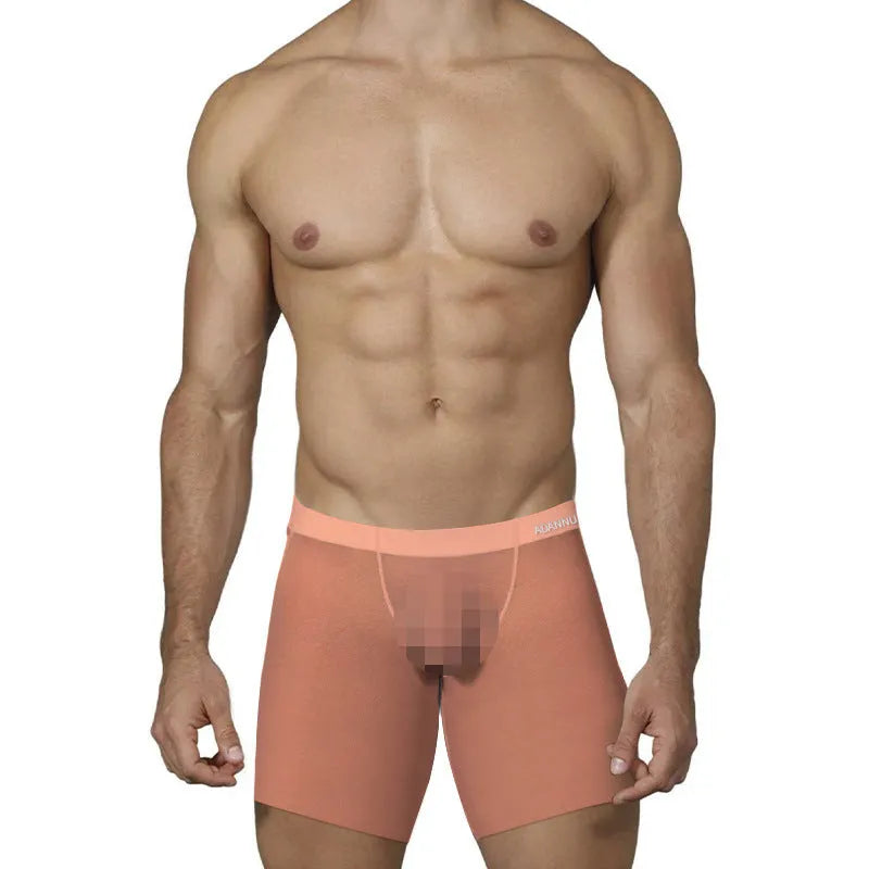 Men's solid colour ice silk boxer shorts in low-waist design shown in orange, pink, and red colours