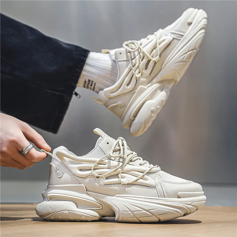 Men's beige sneakers with mesh upper and lace-up closure on rubber sole