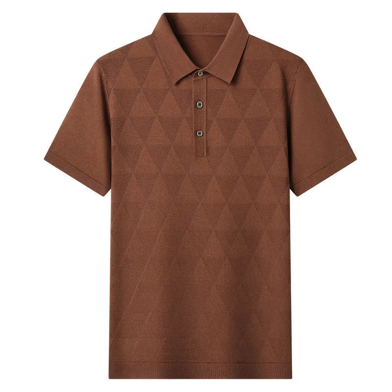 Men's short sleeve ice silk T-shirt in grey, showing regular fit and thin fabric.