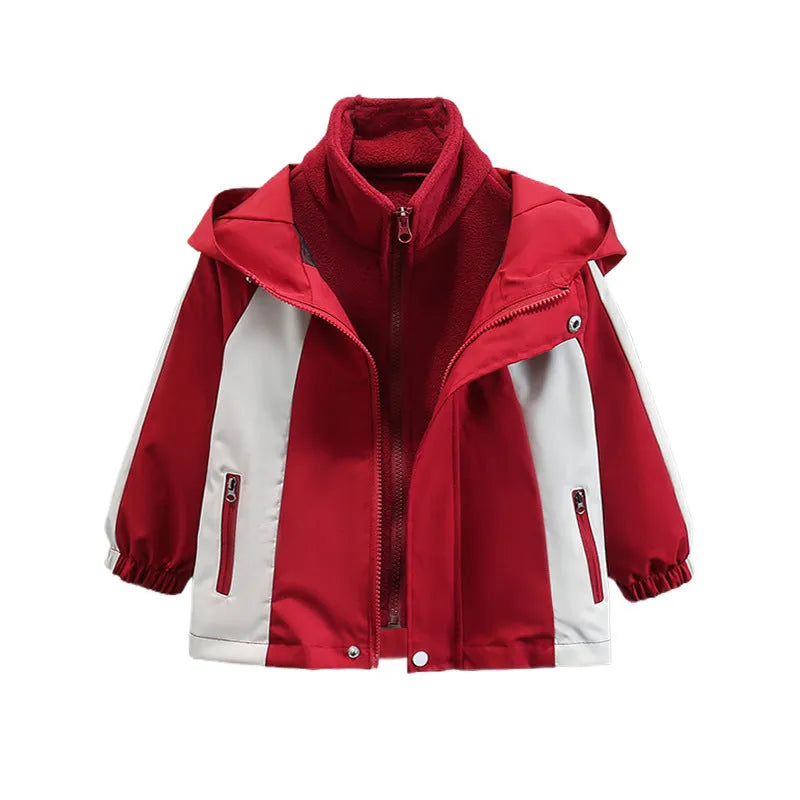 Children's split liner hooded jacket in red with full zipper and long sleeves on a white background