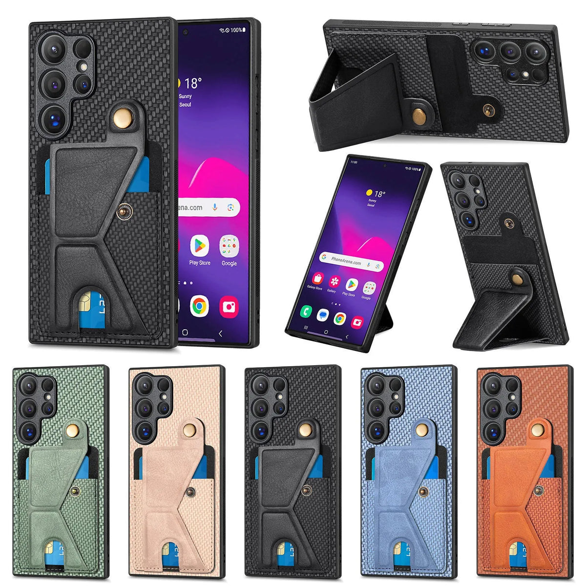 Samsung Galaxy phone case in black with card slot and kickstand, PU leather back cover