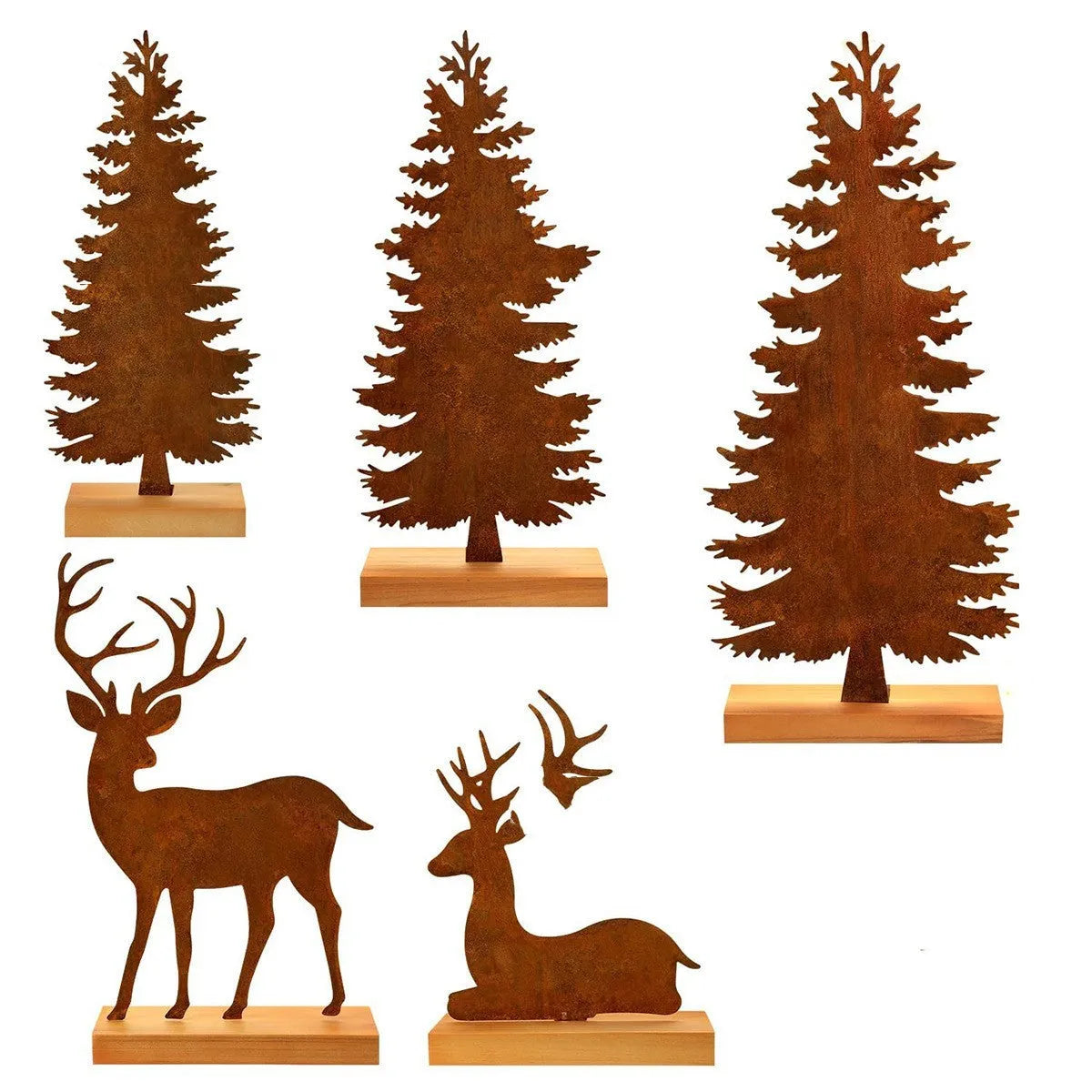 Set of three rustic metal Christmas tree ornaments with integrated elk designs, iron construction, antiqued finish.