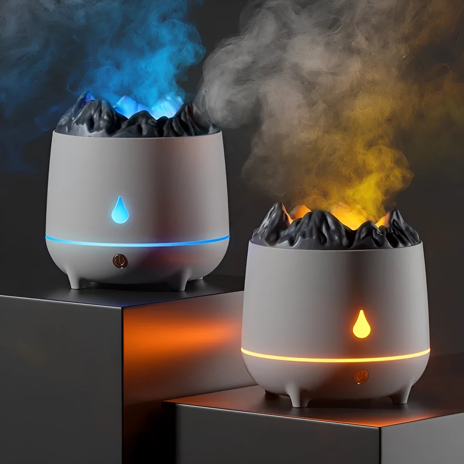 Volcano-shaped white humidifier with USB cable and mist rising from single outlet