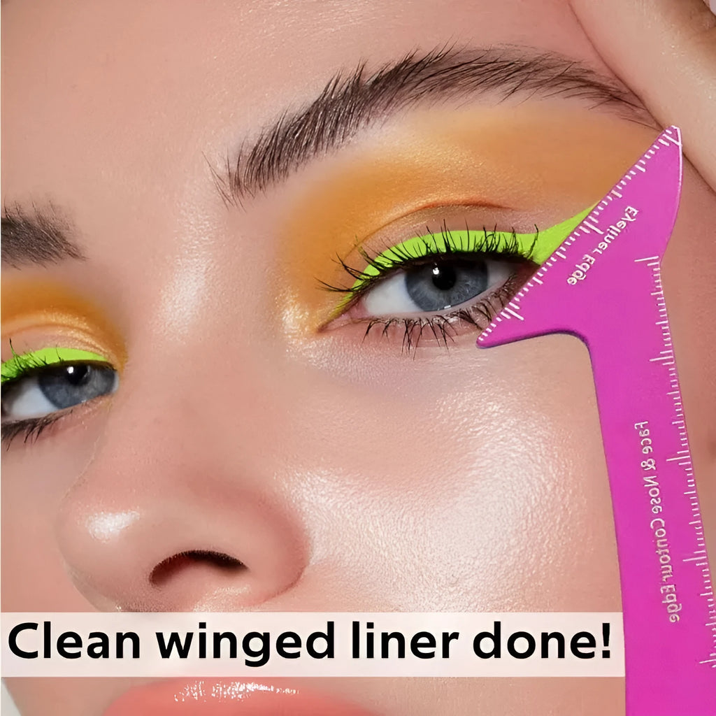 Reusable 3-in-1 makeup stencil tool for winged eyeliner, eyebrow shaping, and face contouring.