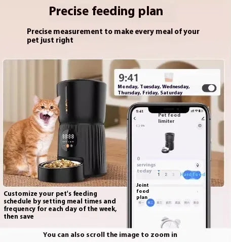 Black and white smart automatic pet feeder with USB cable and mobile app display showing feeding schedule.