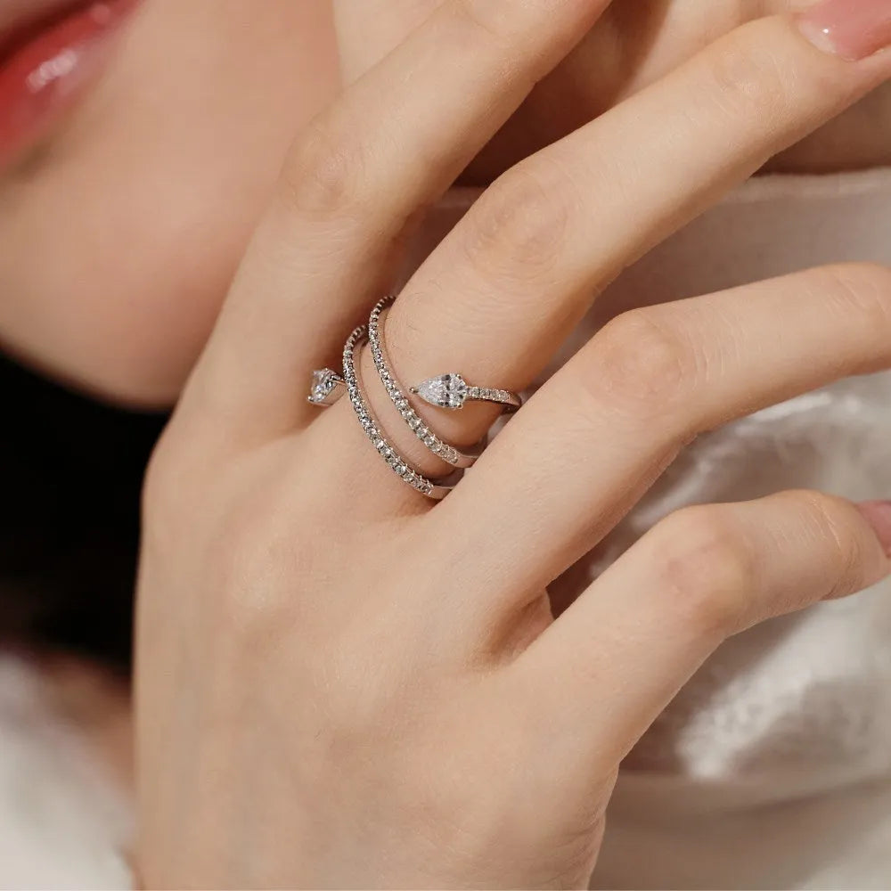 Sterling Silver S925 drop shaped ring white gold colour women