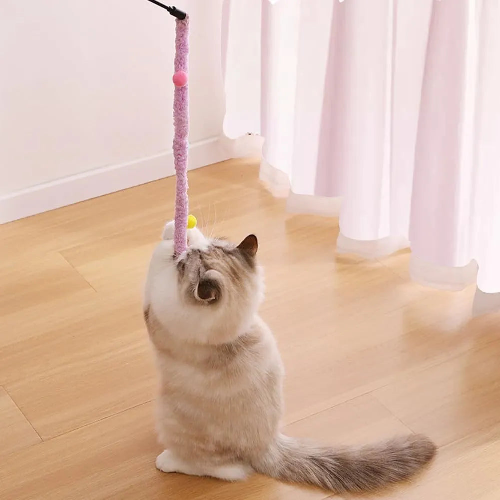Cat wand toy with colourful feather and bell plush strip on 41cm pole