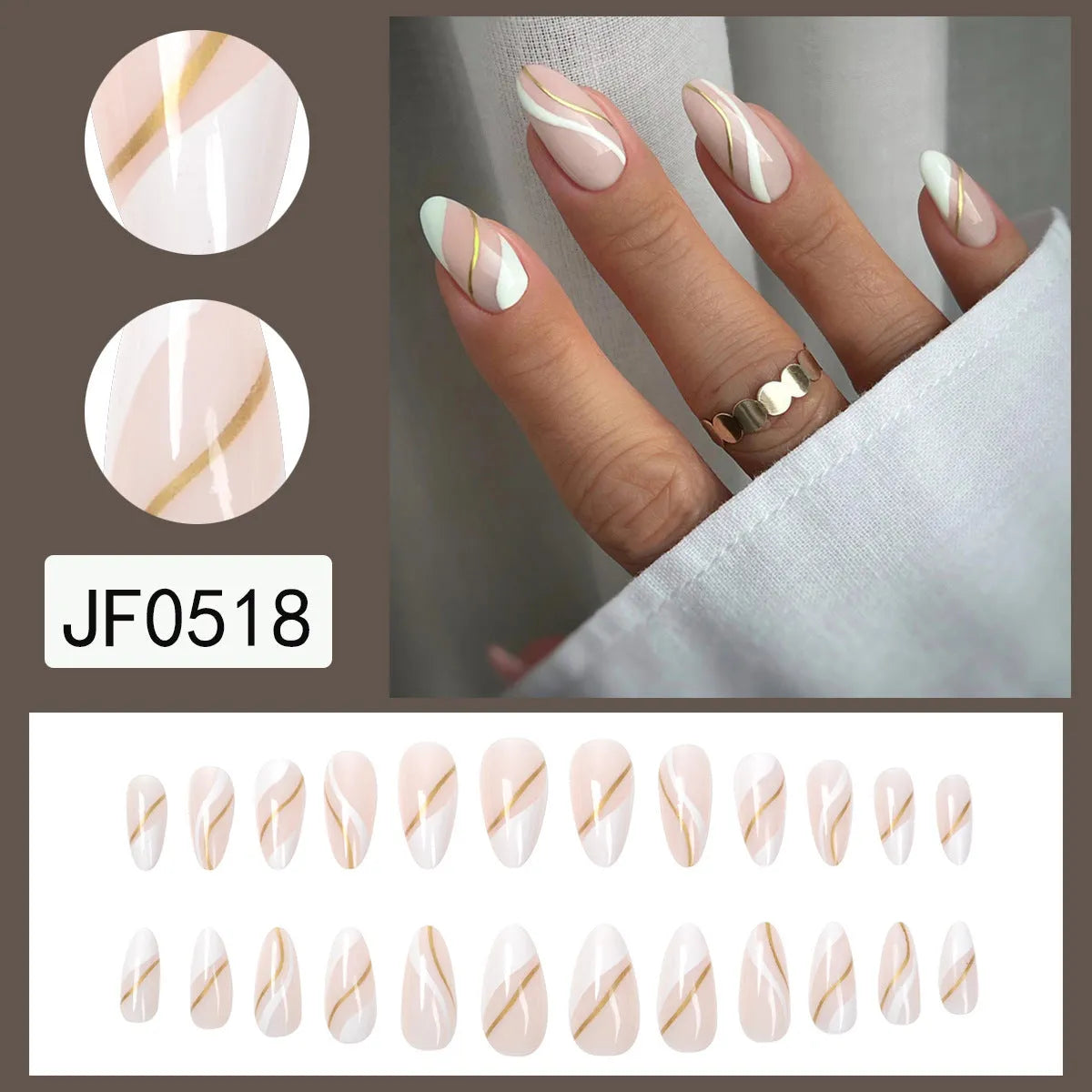 Golden Lines plaid pattern wearable nail stickers in medium drop shape