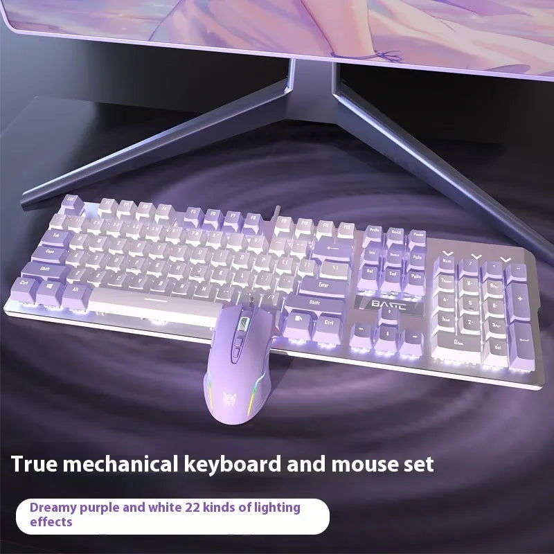 Purple-white mechanical keyboard and mouse gaming bundle with backlight illumination on desktop setup