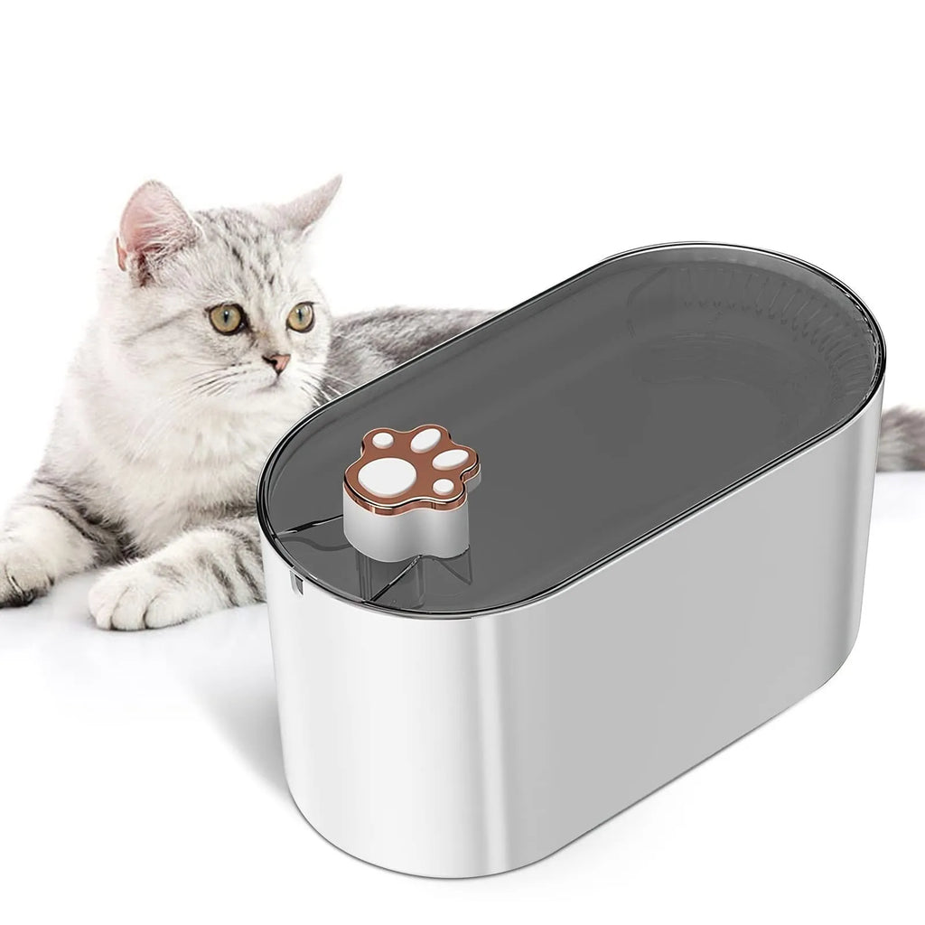 Berlin blue automatic pet water fountain with filter on a kitchen floor.