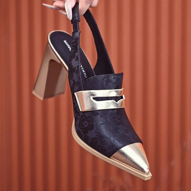 Korean style chunky heel sandals with pointed toe and high-cut elastic strap in three colours