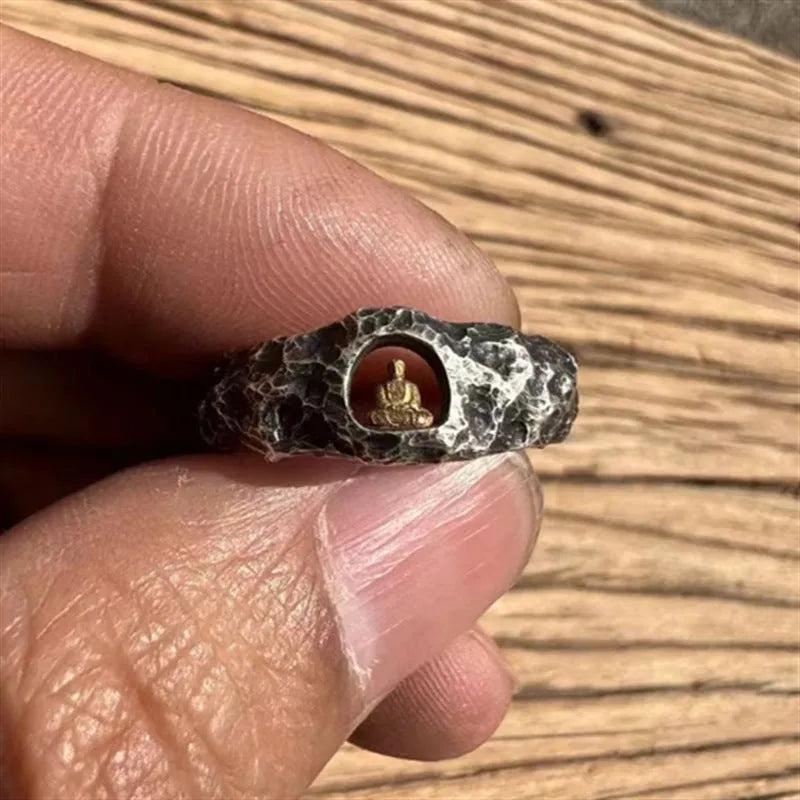 Copper Buddha ring with hand-forged grotto rock texture, size 8, retro unisex design