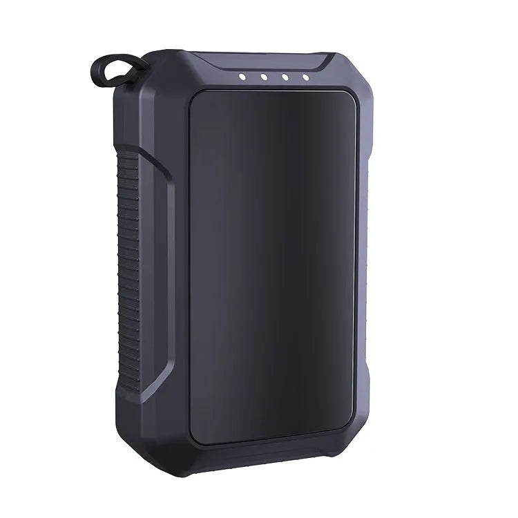 Waterproof rechargeable hand warmer power bank in black with 10000mAh capacity and compact dimensions
