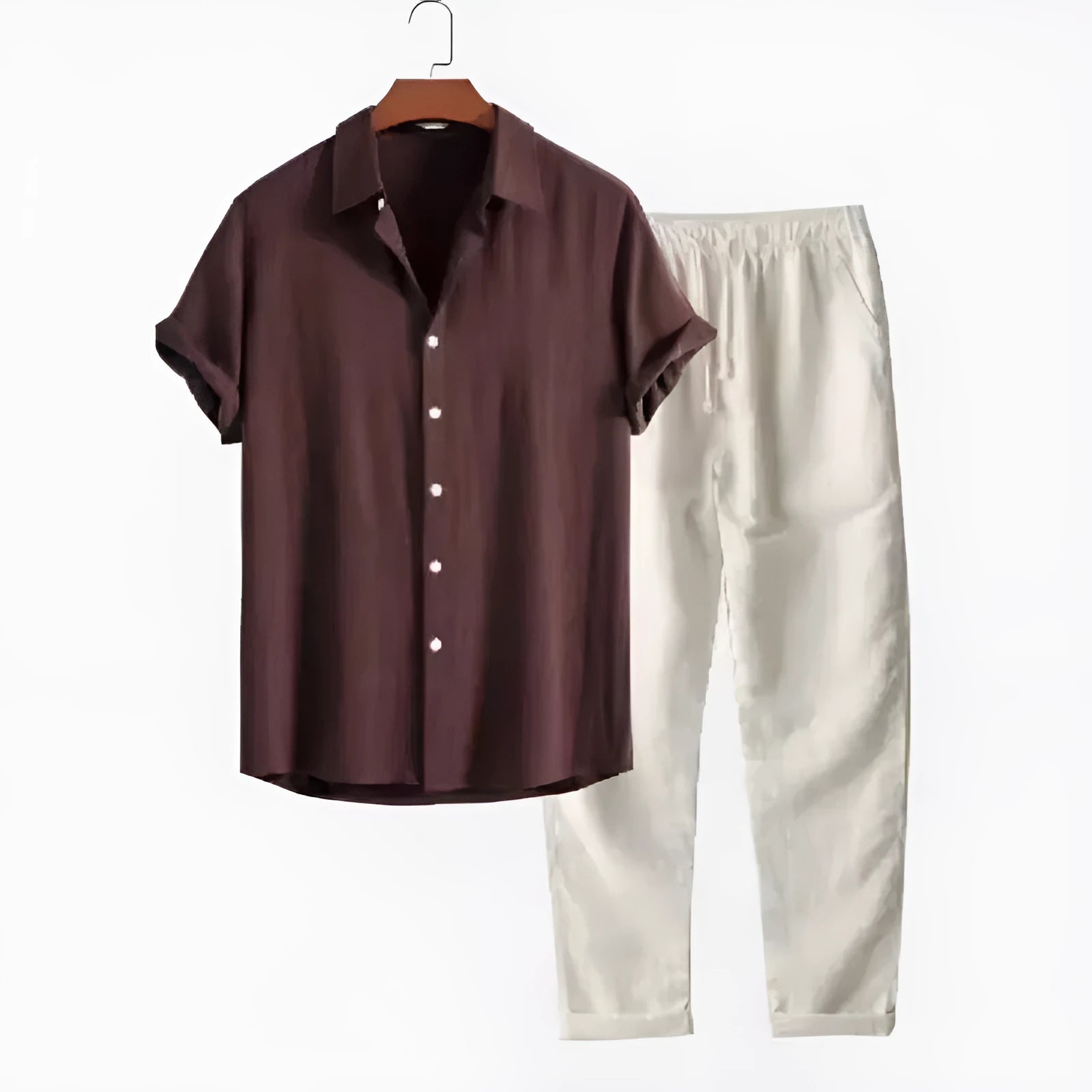 Men's casual short sleeve shirt and trousers set in linen-feel polyester fabric
