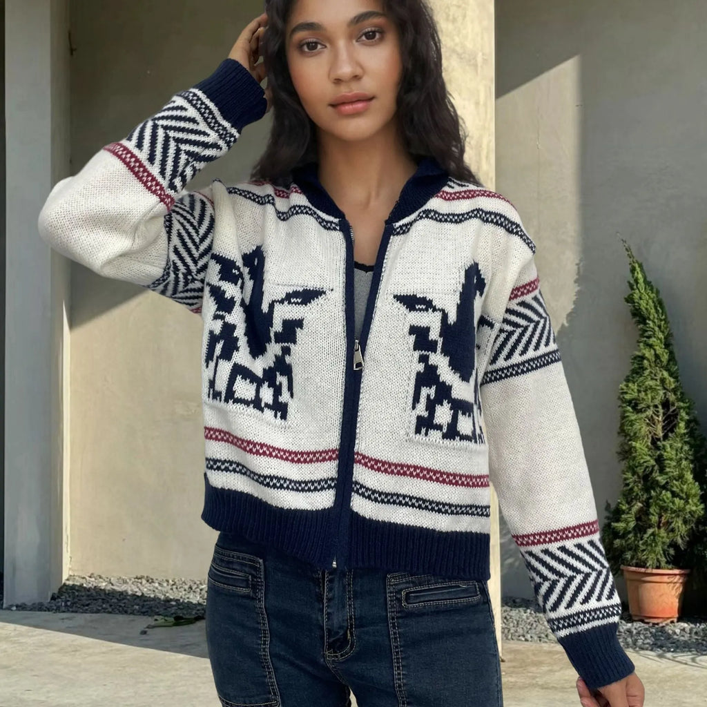 White women's jacquard zip cardigan with lapel collar and contrast colour striping