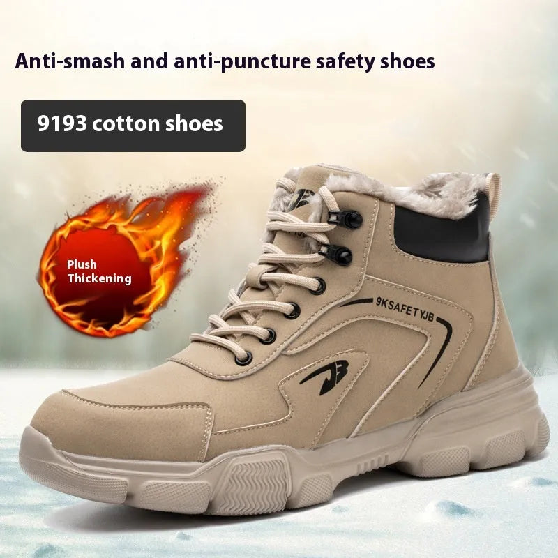Brown leather safety shoes with rubber sole for workplace anti-smashing and puncture protection
