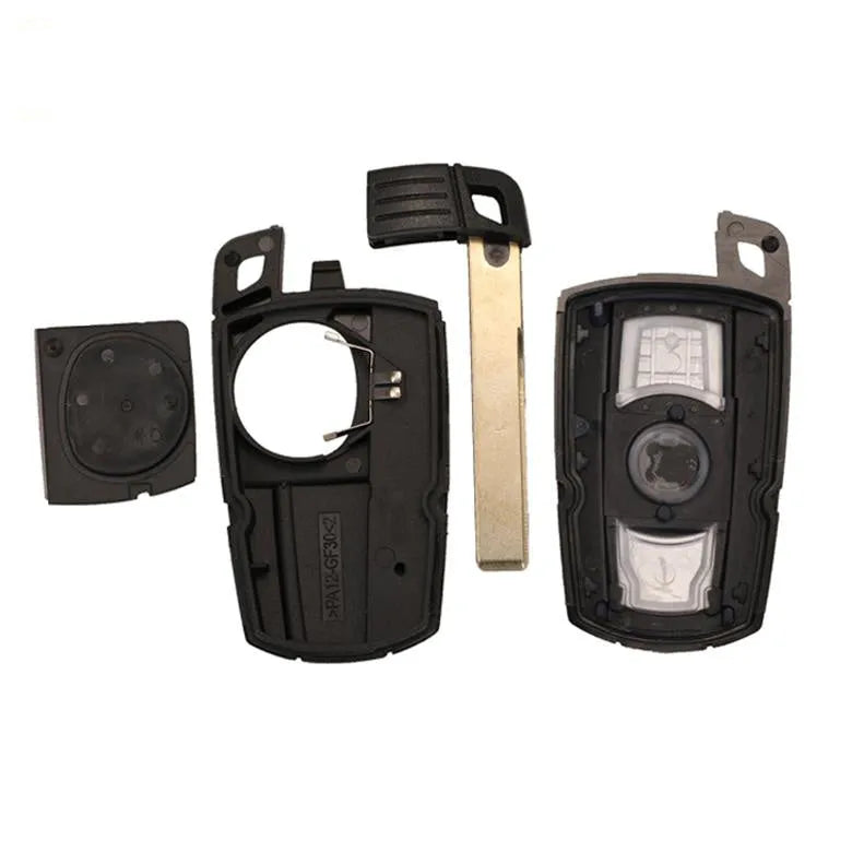 BMW HU92 semi-intelligent 3-button remote car key fob with metal and plastic case.
