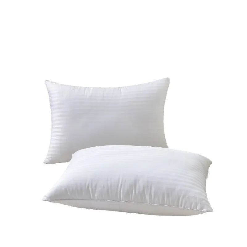 White cotton satin stripe feather pillow with duck down filling showing striped fabric detail