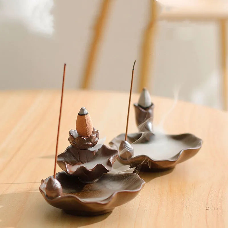 Square purple clay ceramic incense burner with lotus motifs and crystal glaze