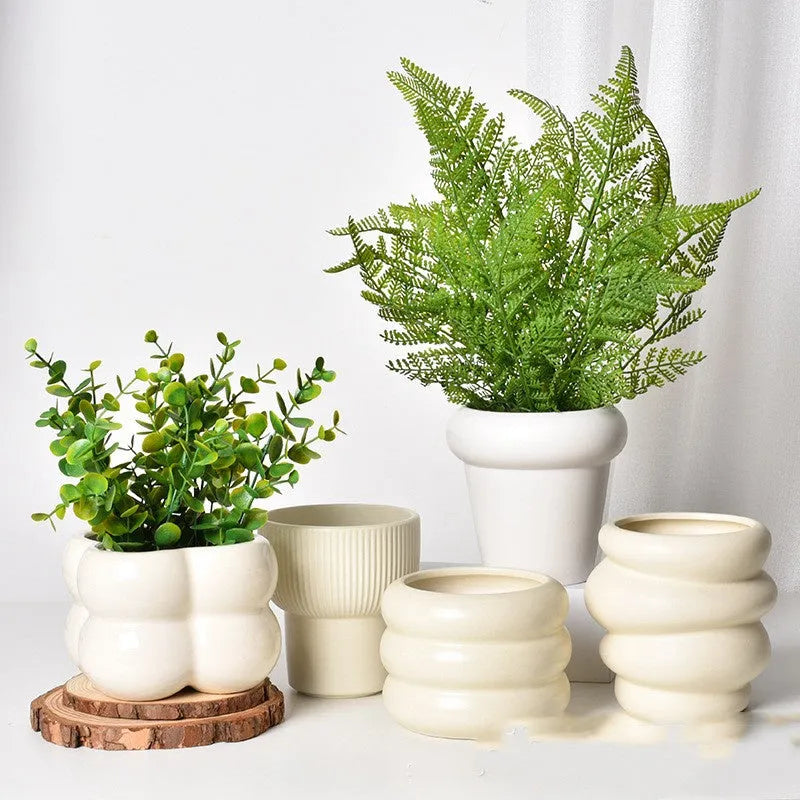 Roman column matte yellow ceramic flowerpot for home plant decoration.
