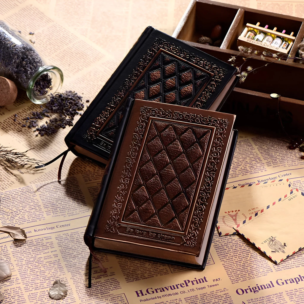 Embossed faux leather notepad with three-dimensional textured cover in bronze and black gold colour options