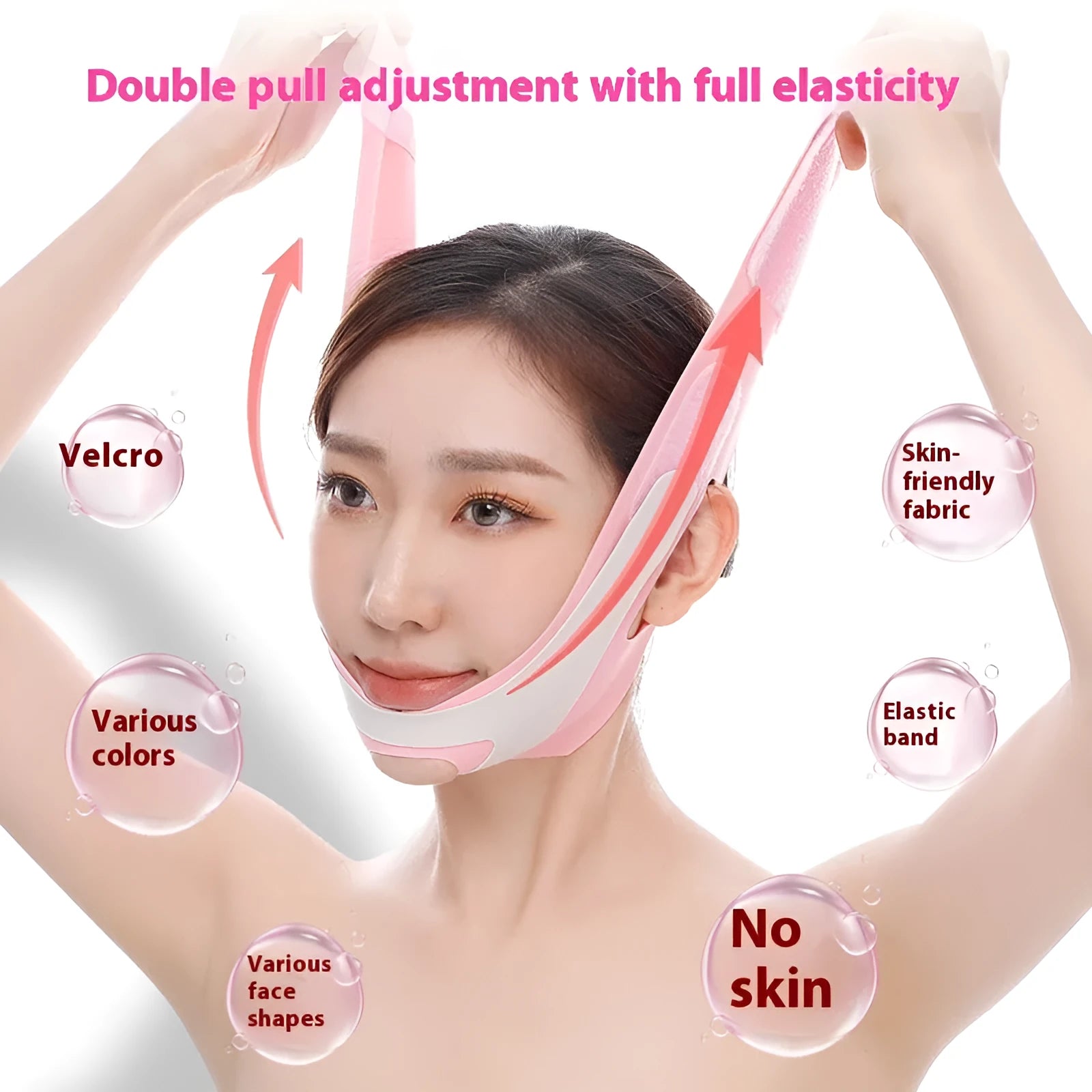 Pink and black elastic V-shaped face bandage for facial care and contouring support.
