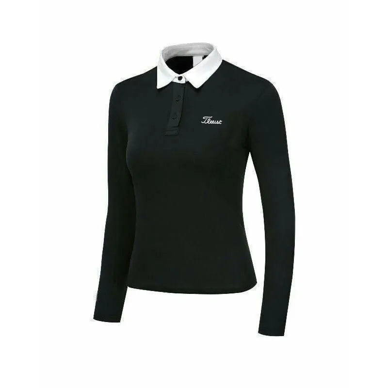 Women's white long sleeve slim fit polyester golf top for outdoor sports