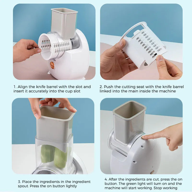 White electric vegetable slicer with suction base and multiple blades for potatoes and carrots