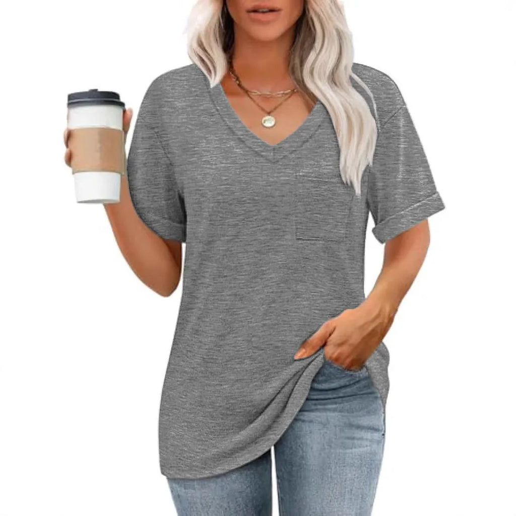 Grey loose V-neck short sleeve T-shirt with front pocket