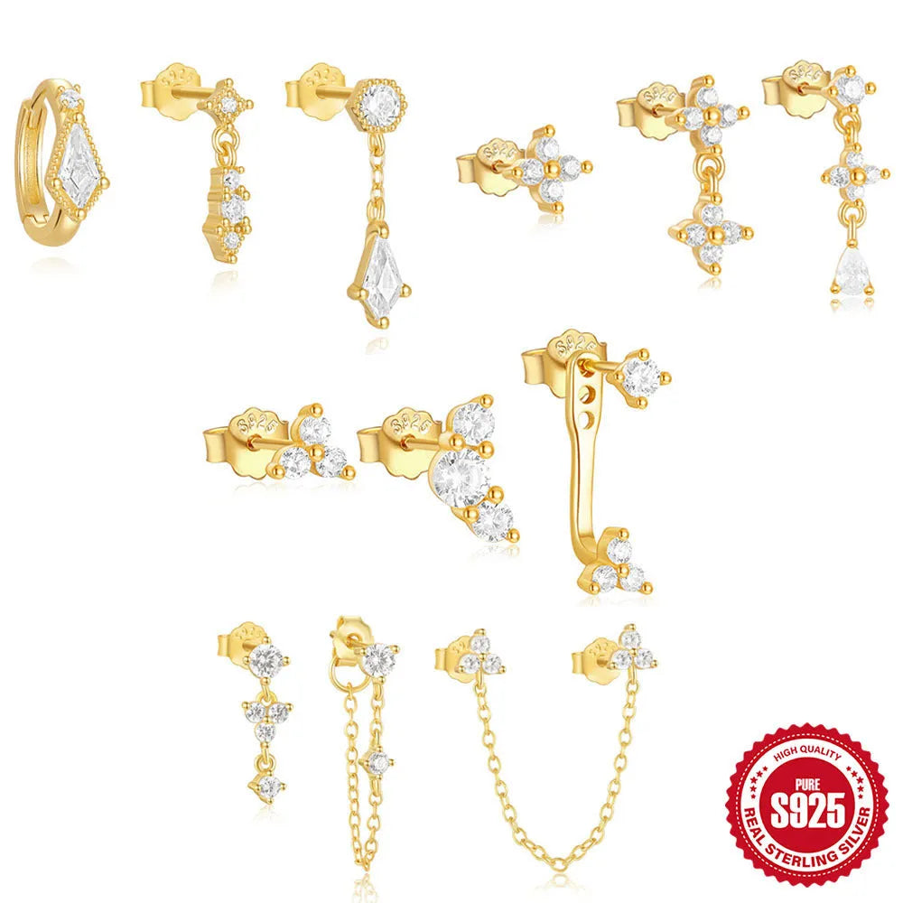 S925 sterling silver geometric tassel earring set with three pairs in gold colours