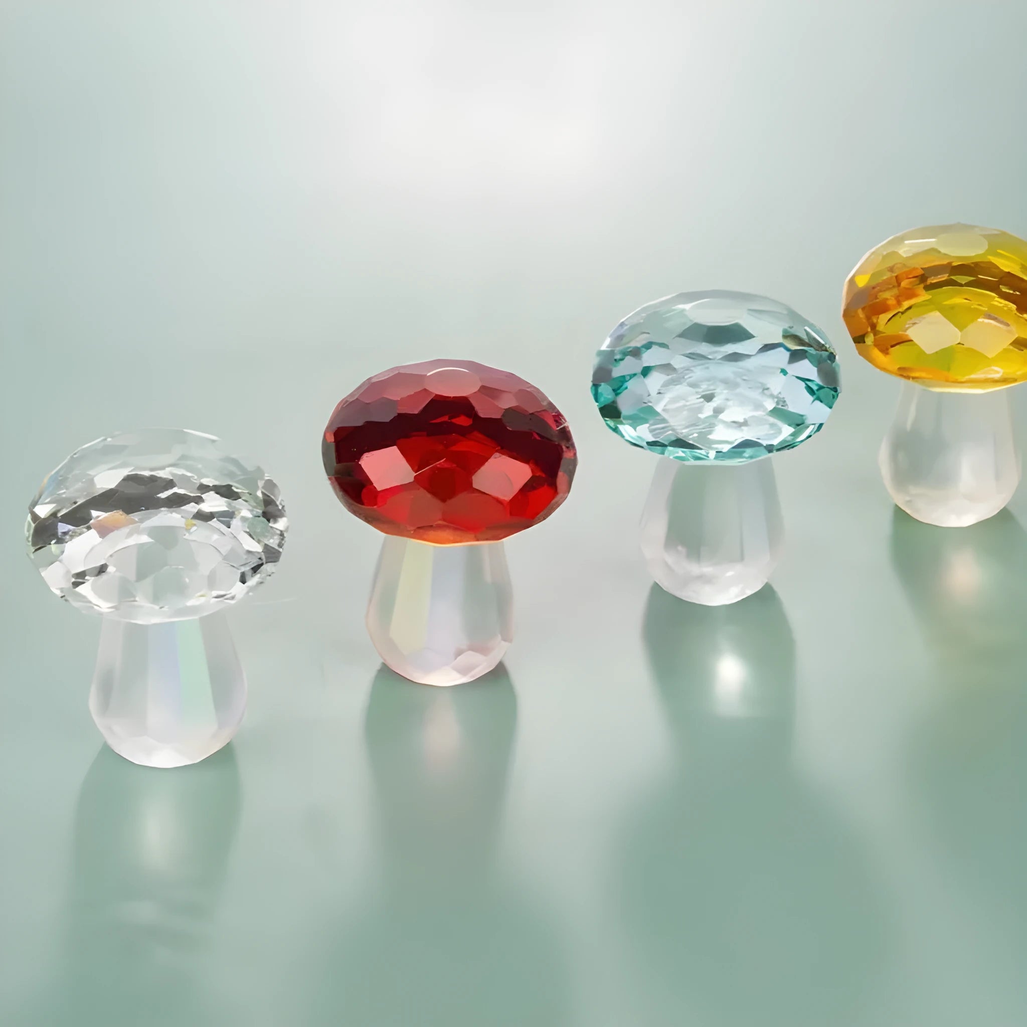 Geometric crystal mushroom decoration in transparent, green, red, or yellow measuring 40mm by 53mm