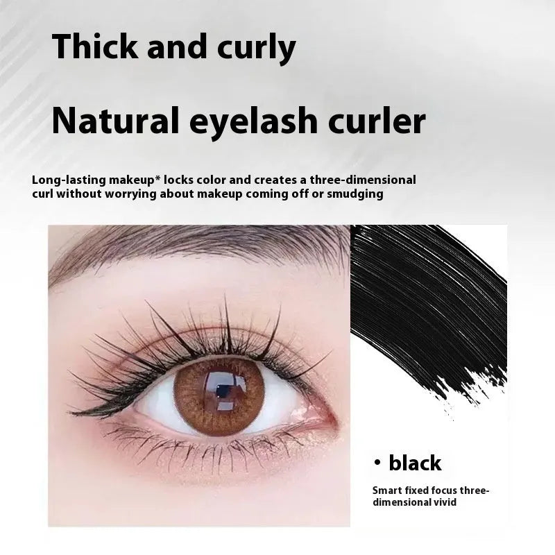 Waterproof black and brown mascara in a steel tube, shown with an optional eyelash curler.