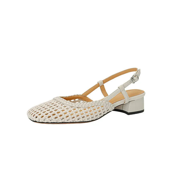 Women's beige woven sandals with chunky heel, closed square toe, and a buckle strap.