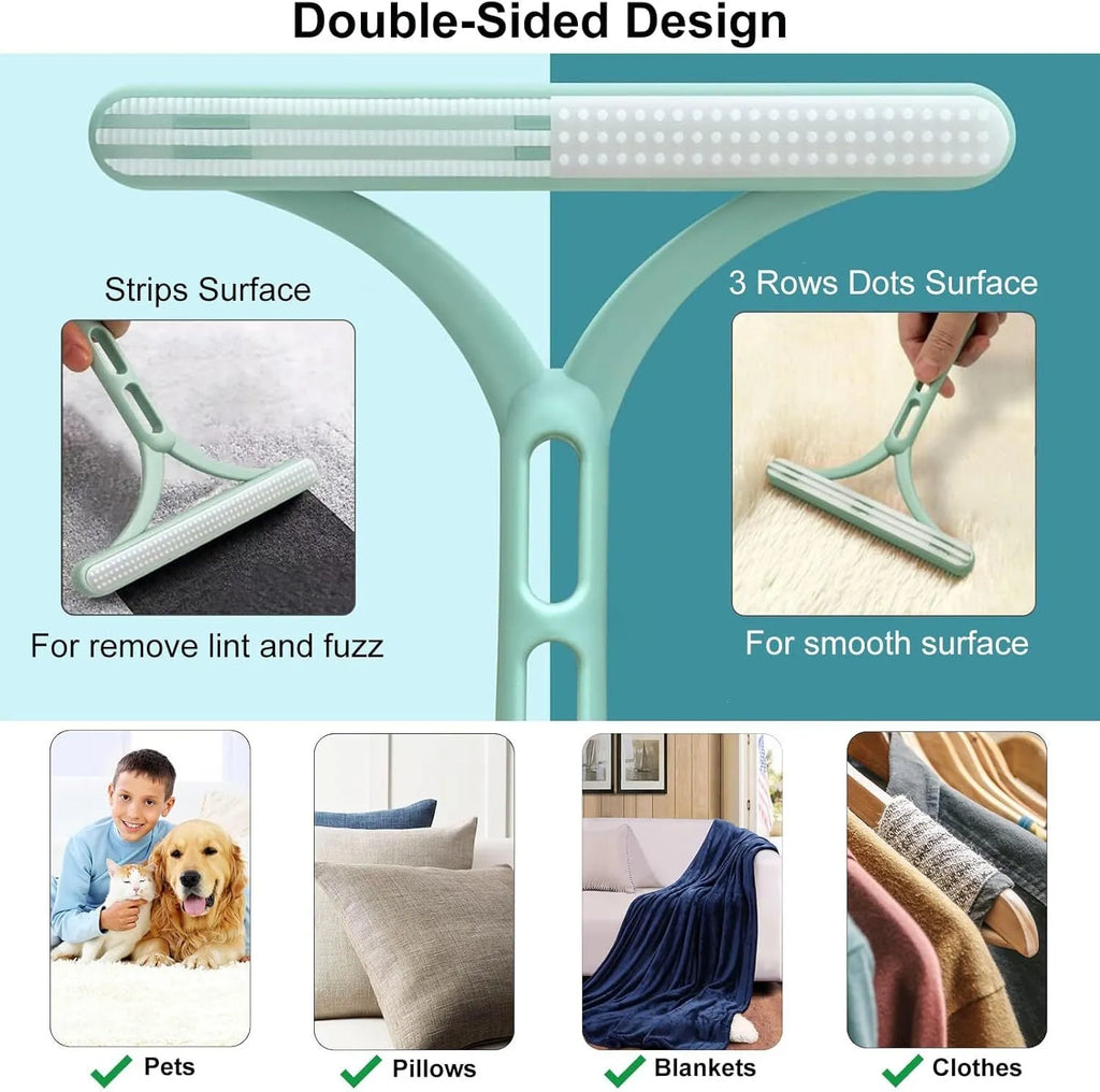 Three-piece pet hair remover set showing a metal lint tool, a silicone brush, and a round carpet scraper.