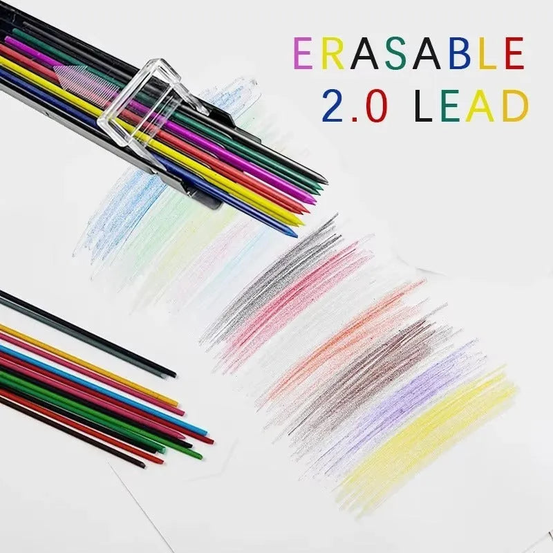 Boxed mechanical pencil replacement leads pack of 12 in rainbow colours in plastic container