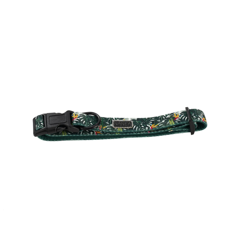 Six-piece cloth dog harness and lead set showing vest, collar, waste bag, bow tie and scarf in assorted colours.