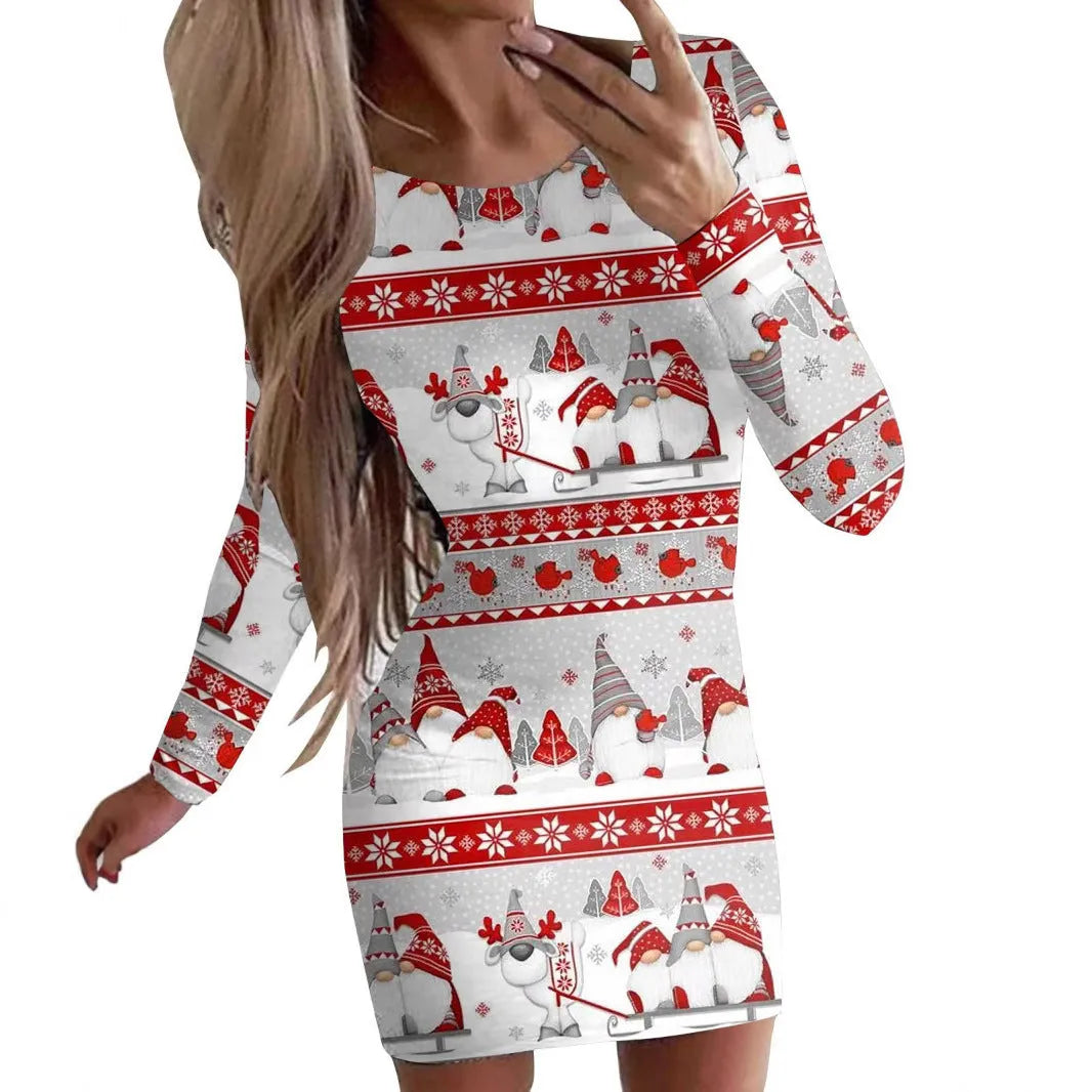 Christmas printed animal pattern dress with round neck and long sleeves in floral colour variation
