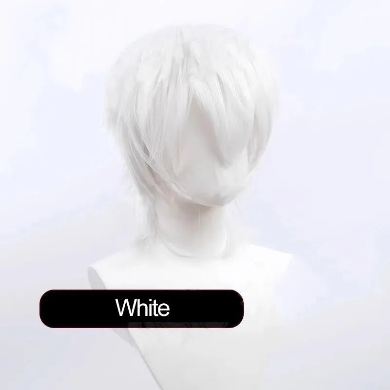 Men's short hair anime cosplay wig in high-temperature synthetic fibre on a stand