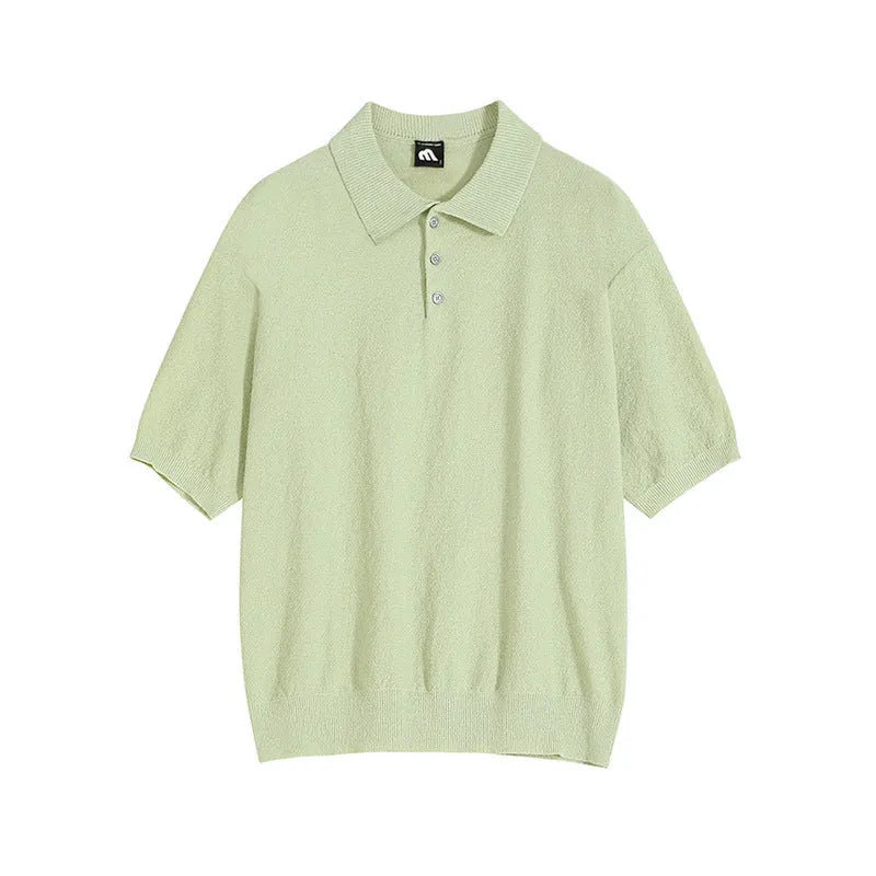 Retro knitted polo shirt for men in caramel colour with asymmetric design detail and short sleeves