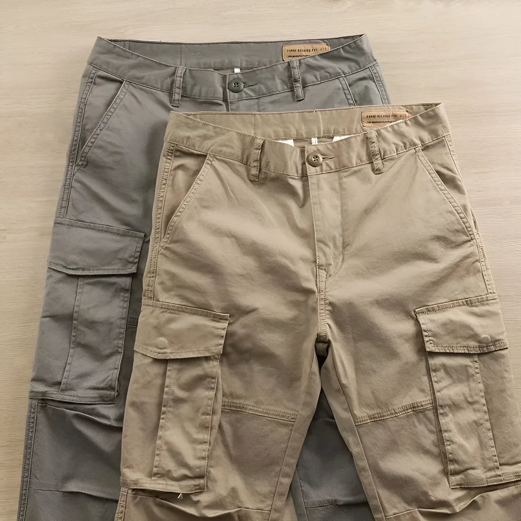 Men's cotton multi-pocket work trousers in khaki colour with cropped length design