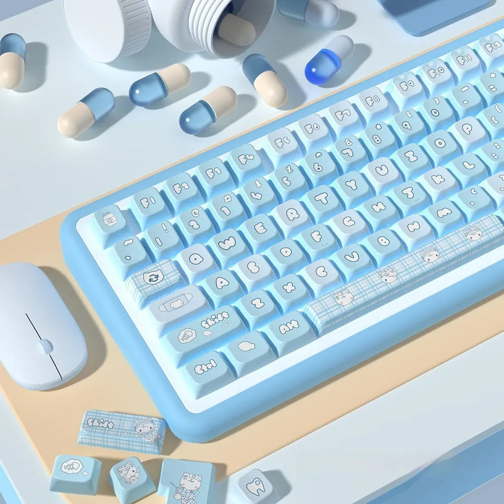 Watercolour kitten design custom keycap set for mechanical keyboards, showing PBT material and sublimation print.