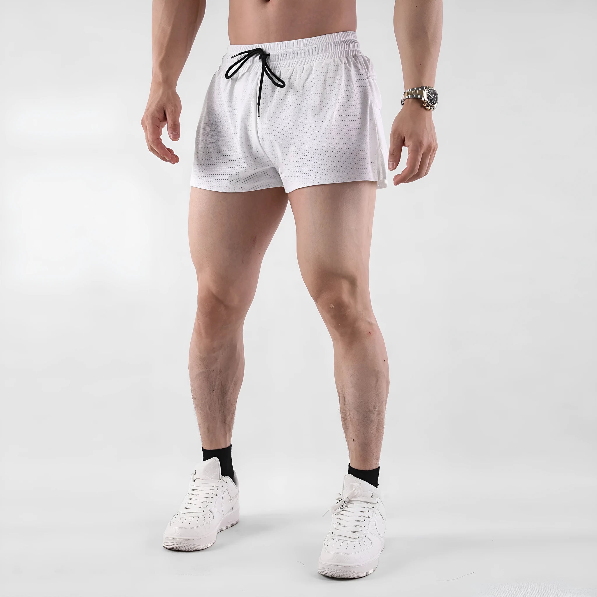 Men's quick-drying nylon summer shorts in white or black with mid-waist design and shorts length